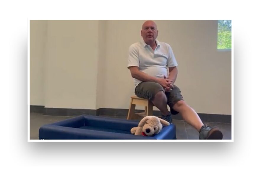 Small dog resting on the Bedford Snuggle Bed during a Pet Therapeutics product presentation.